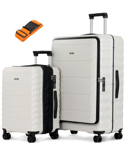 Luggage Sets 2 Pieces, 20/28 Inch PC Hardshell Suitcase with Spinner Wheels, 20 Inch Expandable Clamshell Carry On Luggage and 28 Inch Aluminum Frame Top Opening Checked Luggage (White)