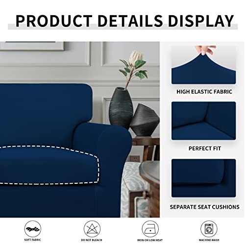 Image of Easy-Going 2 Pieces Stretch Sofa Slipcover for Armchair Washable | Spandex Soft Fitted Sofa Couch Cover for Living Room Washable Furniture Protector with Bottom Kids Pet Navy