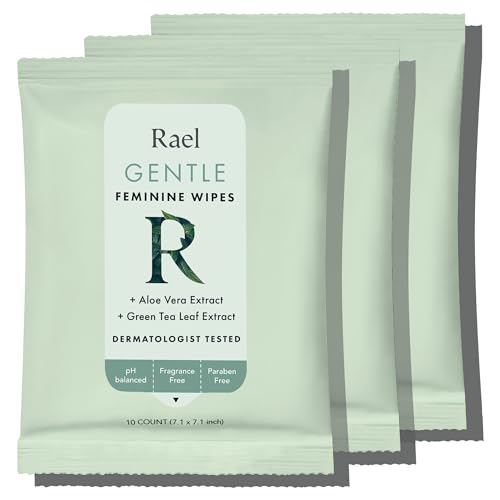 Rael Flushable Feminine Intimate Wipes – pH-Balanced, Unscented, Aloe Vera Extract, Safe for Sensitive Skin, Vegan & Cruelty Free, Travel Size (10 Count, Pack of 3)