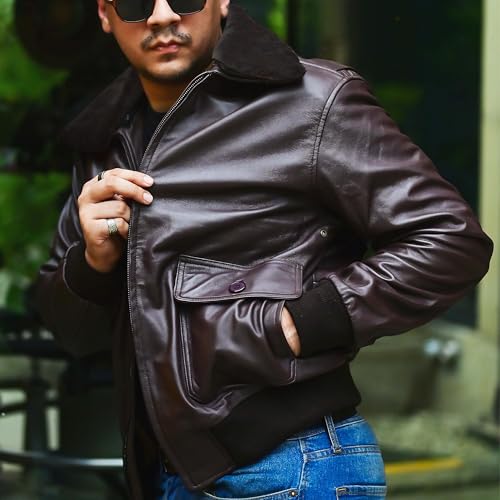 Image of Jild Navy G-1 Real Leather Bomber Jacket Men with Removable Fur Collar - Vintage Flight Aviator Leather Jacket Men