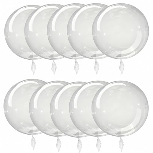 24 Inch Clear Bubble Balloons 10 Pack - Helium Ready TPU Balloons for Wedding Decorations, Christmas Party, Birthday, LED Lights & Confetti - No Stretch Needed, Perfectly Round (No LED Included)