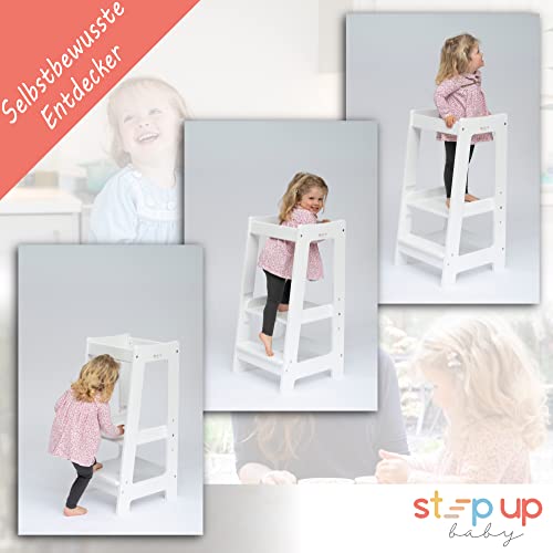 Foto von Stepup Baby Lernturm Montessori Küchenhelfer Ständer Verstellbare Kleinkind Stufen mit Sicherheitsschiene Massivholz Weiß