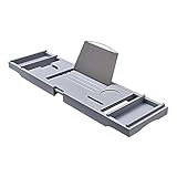 CCKUYT Bandeja de bañera de bambú con lados extensibles, soporte integrado para libros y tabletas, soporte para copas de vino, toalla, jabón