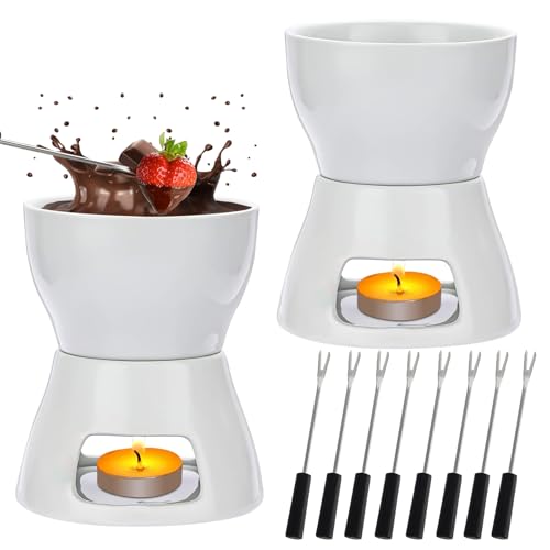YFNVH Lot de 2 Sets Fondue en Céramique Blanc, Caquelon Blanc en Porcelaine avec 8 Fourchettes en Acier Inoxydable, Fondue au Chocolat et Fromage pour Fêtes,...