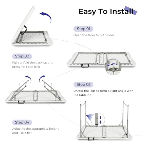 Byliable Folding Table 4 Foot Portable Heavy Duty Plastic Fold-in-Half Utility Table Small Indoor Outdoor Adjustable Height Folding with Carrying Handle, Camping and Party,White by Byliable - Image 4