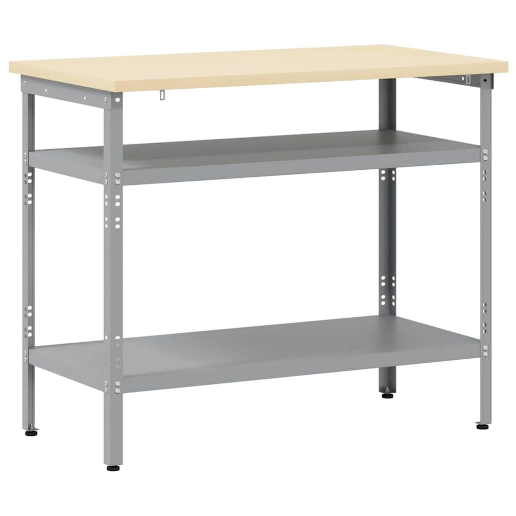 Mesa de trabajo gris 100 x 55 x 85 cm de acero con recubrimiento en polvo, banco de trabajo con 2 estantes metálicos, patas ajustables en altura, para taller, garaje, sótano y sala de ocio