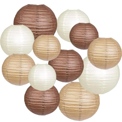 12pcs Brown Cream Paper Lanterns,Hanging Paper Lanterns for Bridal Shower Rustic Boho Birthday Wedding Home Decor Party Decoration