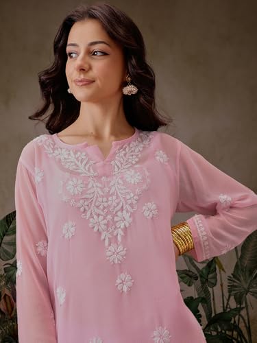 Image of Ada Women's & Girl's Georgette Hand Embroidered Lucknow Chikankari Regular Fit Short Kurti Top with Slip A911300