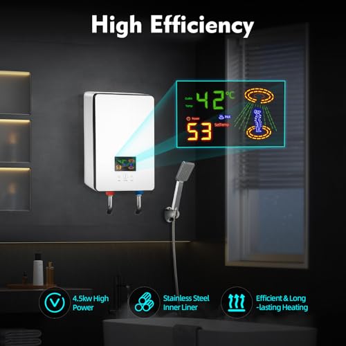 4500W Tankless Electric Water Heater Set, 110V Instant Hot Water Heater On Demand Shower Heater w/LED Display Screen&Overheating Protection, Thermostat Water Heater for Bathroom, Kitchen (White)