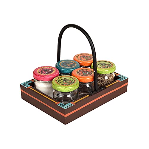 Image of AAKRITI ART CREATIONS Colourful Condiment Containers So6 with Tray | Handcrafted Madhubani Art Storage Jars | Kitchen Decoration Items Stylish Tray & Jars | Kitchen Jars with Wooden