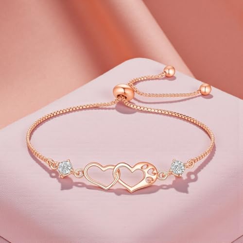 Image of Nilu's Collection Double Heart Shape Cubic Zirconia Charm Bracelet, Love Bracelet for Women and Girls, Valentine's Day Gift