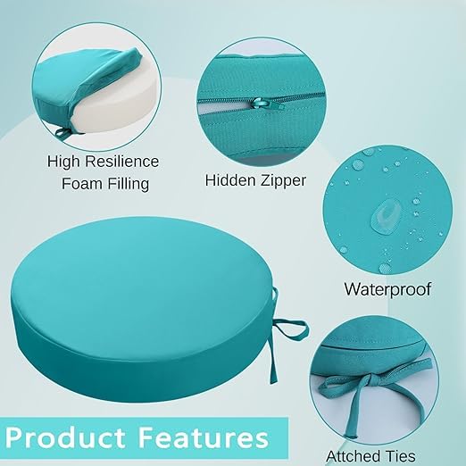 Image of D12 Chair Round Indoor Outdoor Sofa Chair Cushion, Dining, Office, Plastic, Floor Back Seat Chair Pad Handmade Quilting (Sky Blue, Round) (Set of 4)(Cushion Thinkness 5cm)