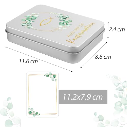 COMOOKA Alles Liebe zur Konfirmation Geldgeschenk, Kleine Metalldose mit Deckel 115x85x22mm Erinnerungsbox Erstkommunion Geschenk mit Eukalyptus und Fisch Geldgeschenke Verpackung