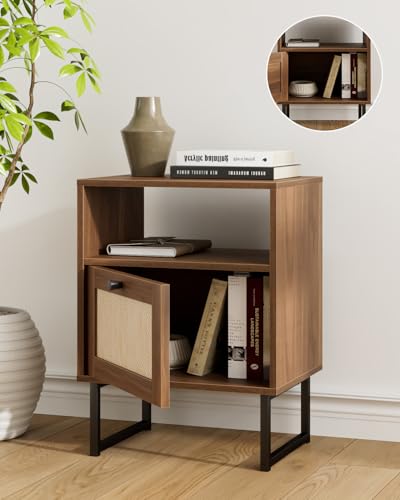 Image of Rattan Nightstand, Mid Century Modern Night Stand,Boho Farmhouse Wood Bedside Table with Storage and Open Shelf, End Side Accent Table for Bedroom,Living Room,Walnut