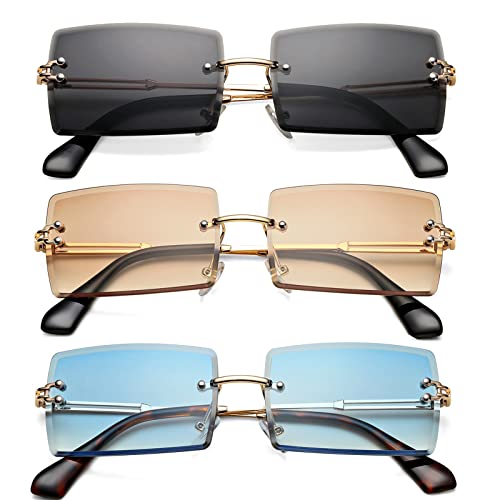 Rectangle Sunglasses for Men/Women Small Rimless Square Shade Eyewear (Black+Blue+Tea)