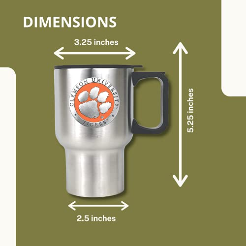Heritage Pewter Clemson14 Oz. Travel Mug | Insulated Tumbler For Coffee, Beverages | Intricately Crafted Metal Pewter Alma Mater Inlay #TOP5