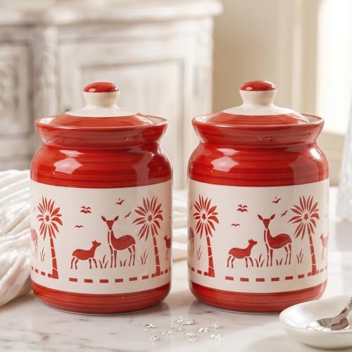Image of D'Maiolica Ceramic Handmade Pickle Jars in 1000ml (set of 2) | Floral Bale 1 kg Achaar Martban | Ceramic Jadi for Kitchen Storage (Set of 2) | Jars for Achar, Spices, Salt (Artisan Red Savannah)