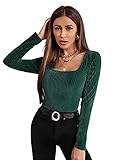 Milumia Women's Square Neck Ribbed Knit Velvet Tee Long Sleeve Solid T Shirt Top Dark Green Medium