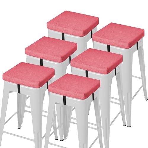 Image of AddGrace Anti-Slip Bar Stool Cushions Square Bar Stool Seat Cushions with Ties Set of 6 Small Square Chair Pads with Machine Washable Cover 12 inchX12 inchX2 inch (Pink)