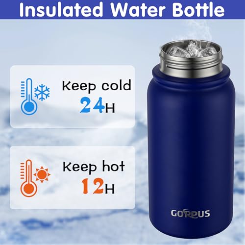 Image of GOPPUS Kids 12oz Insulated Stainless Steel Water Bottle, Leakproof Vacuum Tumbler with Carry Handle, Fits Cup Holders, Reusable Water Bottle for School Outdoor, Boys & Girls(Dark blue)
