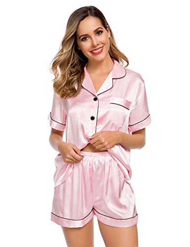 LecGee Womens Silk Satin Pajamas Short Sleeve Loungewear Two-Piece Sleepwear Button-Down Pj Set