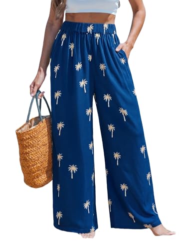 Image of CUPSHE Women's Wide Leg Beach Pants - Tropical Floral with Pockets Plus Size Casual Flowy Vacation Bottoms