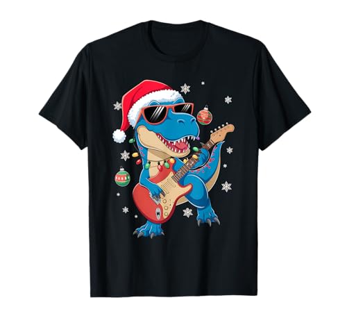 Santa's Hat T-Rex Dinosaur Playing Guitar Musician Music Maglietta