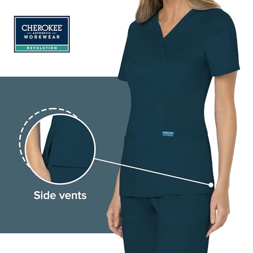 image for Cherokee Scrubs Top for Women Mock Wrap with 3 Pockets, Soft, 2-Way St