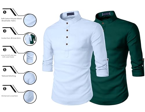 Image of Zombom Men's Combo Cotton Polyester Blend Solid Full Sleeve Straight Regular Fit Mandarin /Chinese Collor Kurta (Pack of 2)