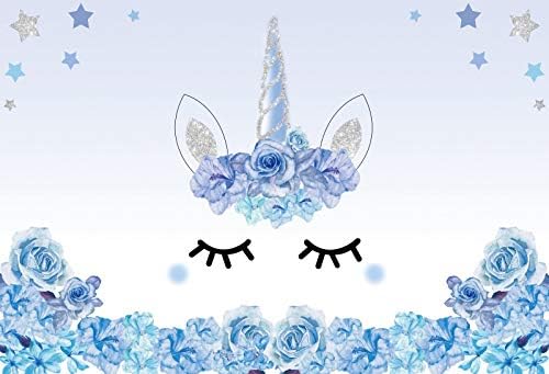Yeele Fondo de cumpleaños de unicornio, cabeza de unicornio azul, flores de acuarela lindas estrellas sonrientes, fondo de pestañas sonrientes,