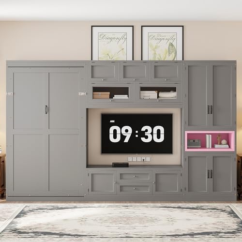 Merax Wooden Murphy Bed with TV Stand, 2 Drawers, Shelves,