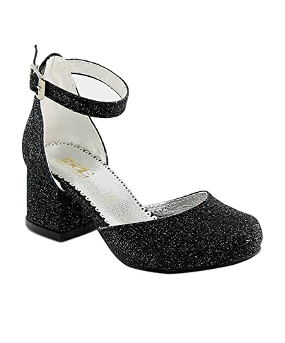 SIRRI - SIRRI Fleur Filles Communion Bas Bloc Robe Noir Chaussures Gros Talons fermé Bout Rond Bride à la Cheville Pompe Anno 35
