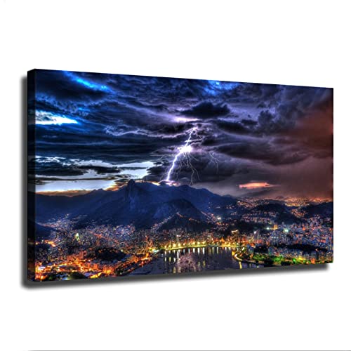 Storm Lightning Weather Landscape Canvas Over Rio De Janeiro Poster Canvas Decorative Painting Wall Art Gift Bedroom Office Living Room Home Ultra Clear Background Wall (Unframed,20×40Inch) #TOP6