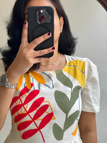 Image of Women's Pure Cotton Midi Dress - White with Orange & Red Leaf Print, Short Sleeves