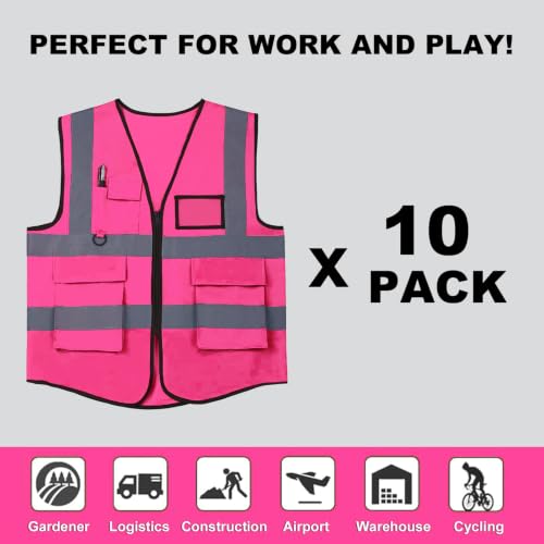 Image of 10 Pack Neon Reflective Safety Vests, Pink High Visibility Construction Vests, Pockets & Zipper Vest for Men & Women