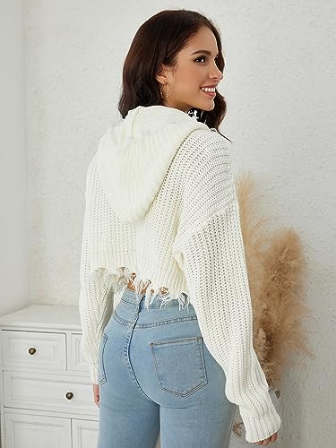 Image of WDIRARA Women's Rib Knitted Zip Up Cardigan Sweater Ripped Hem Drop Shoulder Long Sleeve Zipper Tops White S