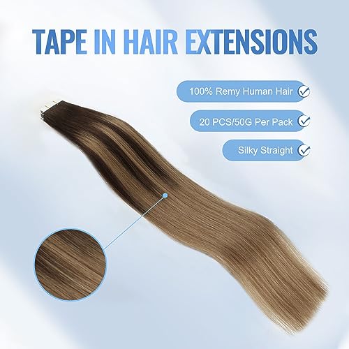 Image of Sixstarhair Invisible Tape In Hair Extensions Real Human Hair Balayage Dark Brown Fading to Chestnut Brown Remy Tape Hair Extensions for Woman 20 Pieces 50g [Color #B2-6 18 inch]