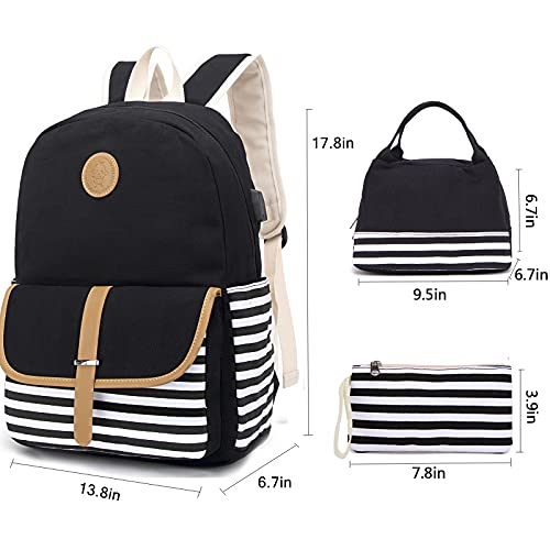 Pawsky School Backpack For Teen Girls/Women, Cute College Bookbag Set Canvas Stripe Backpack With Lunch Bag Pencil Bag, Black #TOP5