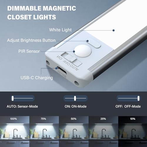 Bilonly Schrankbeleuchtung Led Lampe mit Bewegungsmelder, Unterbauleuchte Küche LED mit Sensor, 25cm 1800mAh Aufladbar Dimmbar Schranklicht für Kleiderschrank, Küche, Treppe | 2 Stück 6