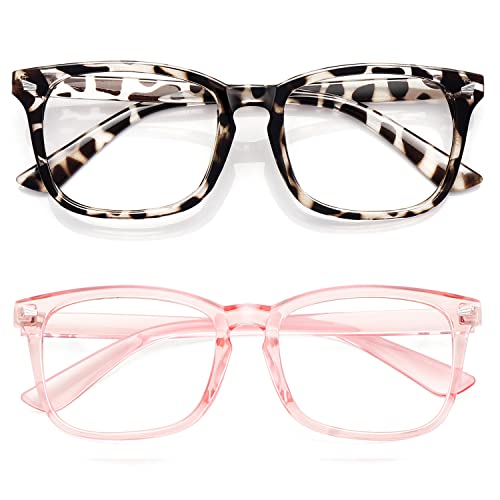 WOWSUN Unisex Stylish Nerd Non-prescription Glasses, Clear Lens Eyeglasses Frames, Fake Glasses (Leopard + Pink/ Clear Lens 2 Pack, 53), Pink+grey Leopard, M