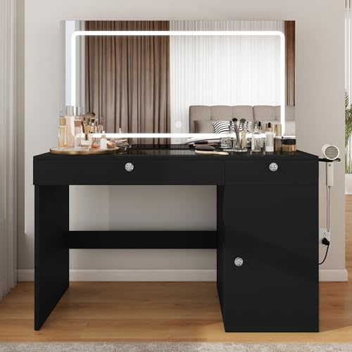 DWVO Vanity Desk with Large LED Mirror, Power Outlet, Large 47 Inches Vanity Table with 3 Lighting Modes, 4 Drawers, for Bedroom