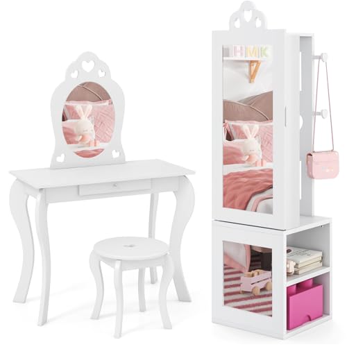 Costzon Kids Vanity & Jewelry Armoire Cabinet, Wooden Kids Vanity Table and Chair Set, Standing Jewelry Organizer with Full-Length Mirror, Large Storage, Kids Bedroom Furniture Set for Girls (White)