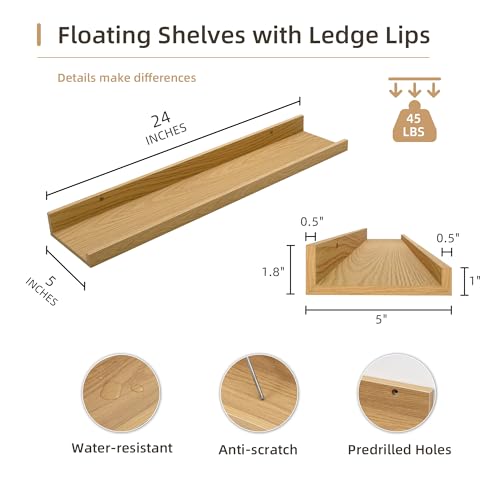 Acovy Picture Ledge Shelf, Wood Floating Shelves Set of 4, 24 inch Picture Ledge Shelves, Photo Ledge Nursery Book Shelves Wall Mounted for Living Room Kids' Room Bedroom, Color Oak by Acovy - Used condition - Image 3