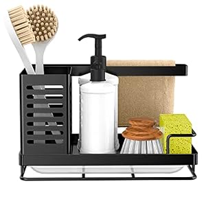 Sink Caddy / Organizer, Sponge Holder Stainless Steel Caddy for Kitchen Sink with Removable Drain Pan Storage for Soap, Scrubber Brush, Bottles, Dishcloth-Black - immagine 1
