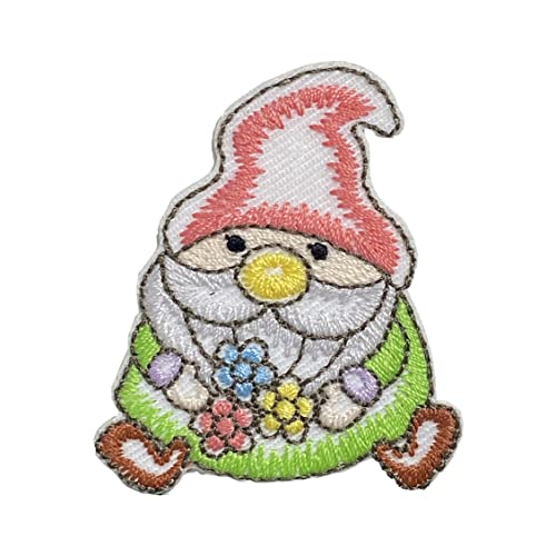 Garden Gnome with Flowers, Folk Art, Embroidered, Iron-on Patch