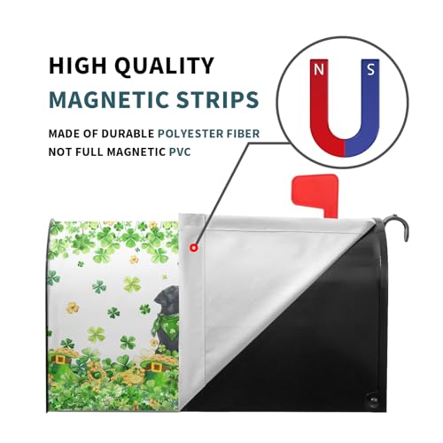 Image of St. Patricks Day Mailbox Cover Magnetic, 21 inchx18 inch Patrick Dog Lucky Clover Elf Hat Mailbox Wrap, Spring Shamrocks Standard Size Waterproof Letter Post Cover for Garden Yard Outdoor Decor