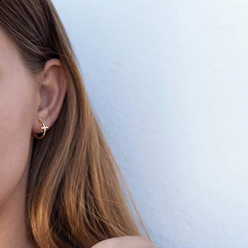 Myears Women Cross Earrings Gold Open Hoop C Shape 14K Gold Filled Small Boho Beach Simple Delicate Handmade Hypoallergenic Illusion Religious Jewelry Gift #TOP1