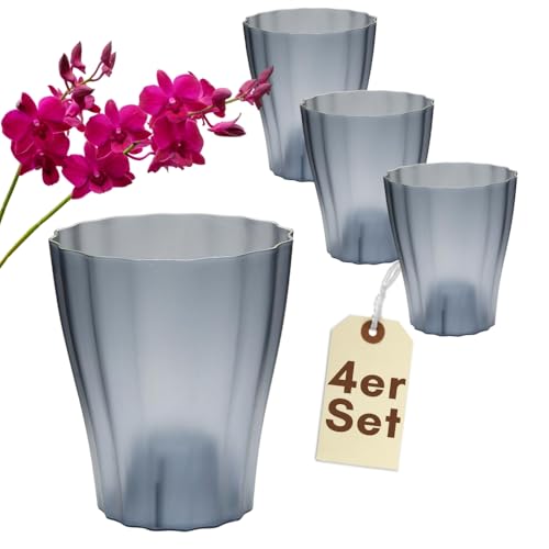 GarPet 4er Set Orchideentopf Transparent Orchideen Übertopf Pflanztöpfe Übertöpfe für Orchideen aus Kunststoff Innen Durchsichtig Elegant 16 cm rauchfarbig
