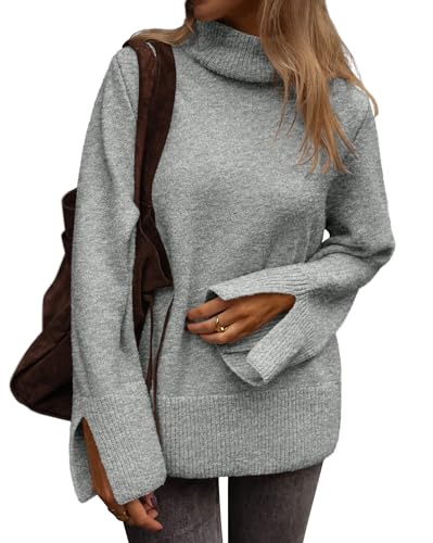 ATHMILE Fall Fashion Sweaters for Women Turtleneck Long Sleeve Casual Loose Knit Pullover Tops Winter Clothes 2025 Grey