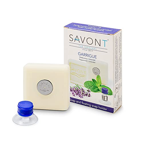 SAVONT Ready-to-soap Seifenhalter mit Magnet inkl. Lavendelseife mit scharfer Pfefferminz, Feste Duschseife ohne Bohren und kleben, Innovation aus Deutschland